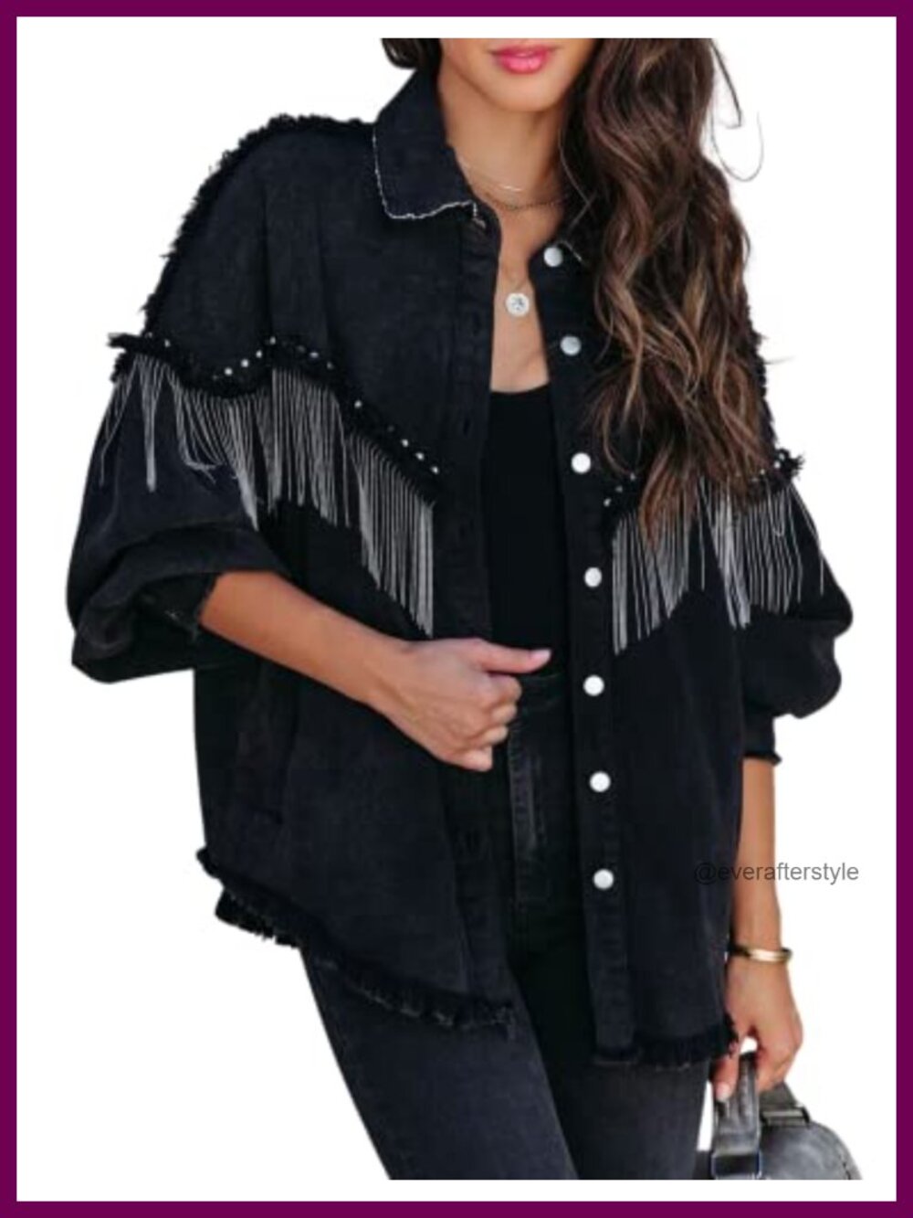 Oversized Fringe Denim Jacket Sparkly Tassel Western Coat Button Down Drop